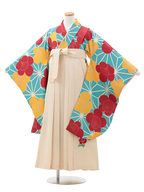 小学生卒業式略式袴(女の子) Z608 水色 麻の葉に梅×クリーム椿