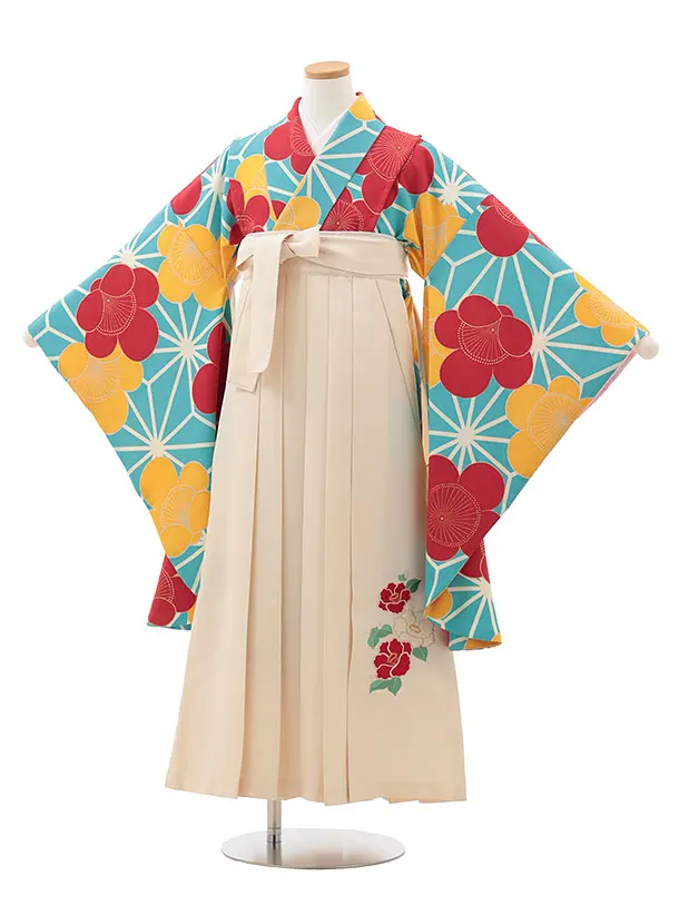 小学生卒業式かんたん袴(女の子) Z608 水色 麻の葉に梅×クリーム椿