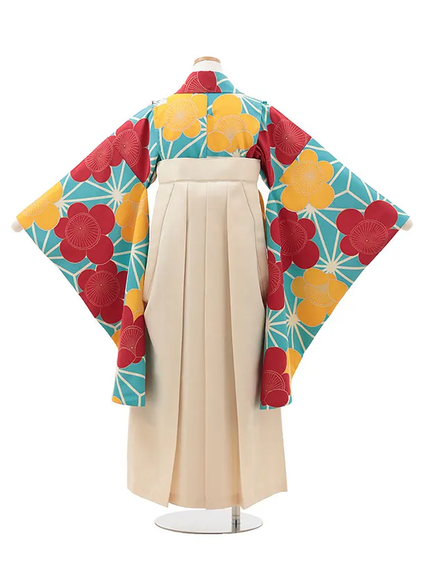 小学生卒業式かんたん袴(女の子) Z608 水色 麻の葉に梅×クリーム椿