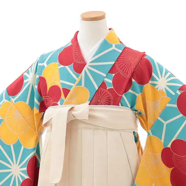 小学生卒業式かんたん袴(女の子) Z608 水色 麻の葉に梅×クリーム椿