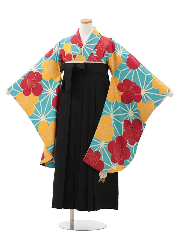 小学生卒業式略式袴(女の子) Z609 水色 麻の葉に梅×黒椿