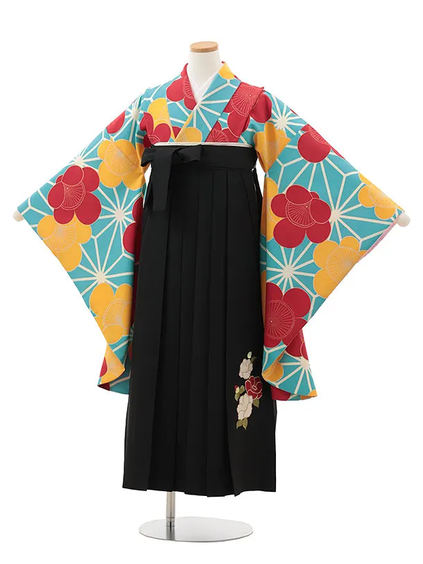 小学生卒業式略式袴(女の子) Z609 水色 麻の葉に梅×黒椿