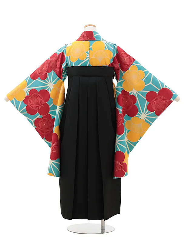 小学生卒業式略式袴(女の子) Z609 水色 麻の葉に梅×黒椿