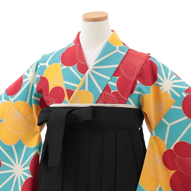 小学生卒業式略式袴(女の子) Z609 水色 麻の葉に梅×黒椿