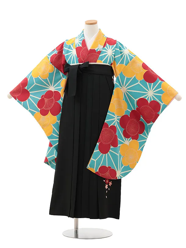 小学生卒業式略式袴(女の子) Z610 水色 麻の葉に梅×黒桜