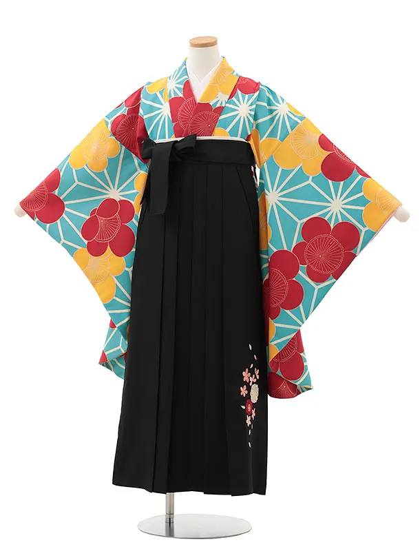 小学生卒業式略式袴(女の子) Z610 水色 麻の葉に梅×黒桜