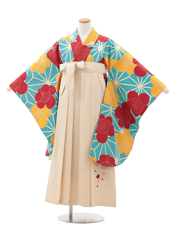 小学生卒業式略式袴(女の子) Z611 水色 麻の葉に梅×クリーム桜