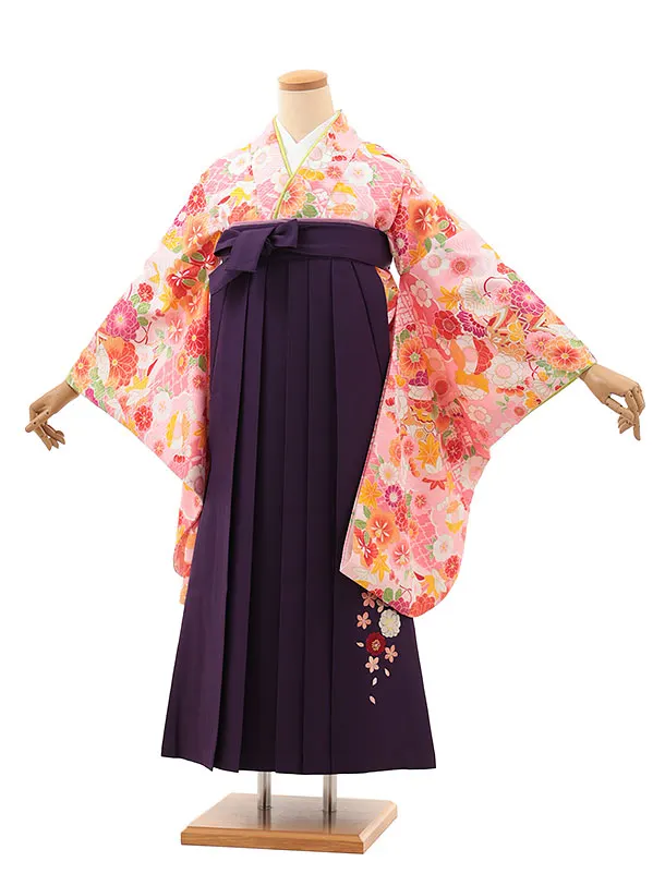 小学生卒業式略式袴(女の子) Z613 ピンク花づくし×紫桜