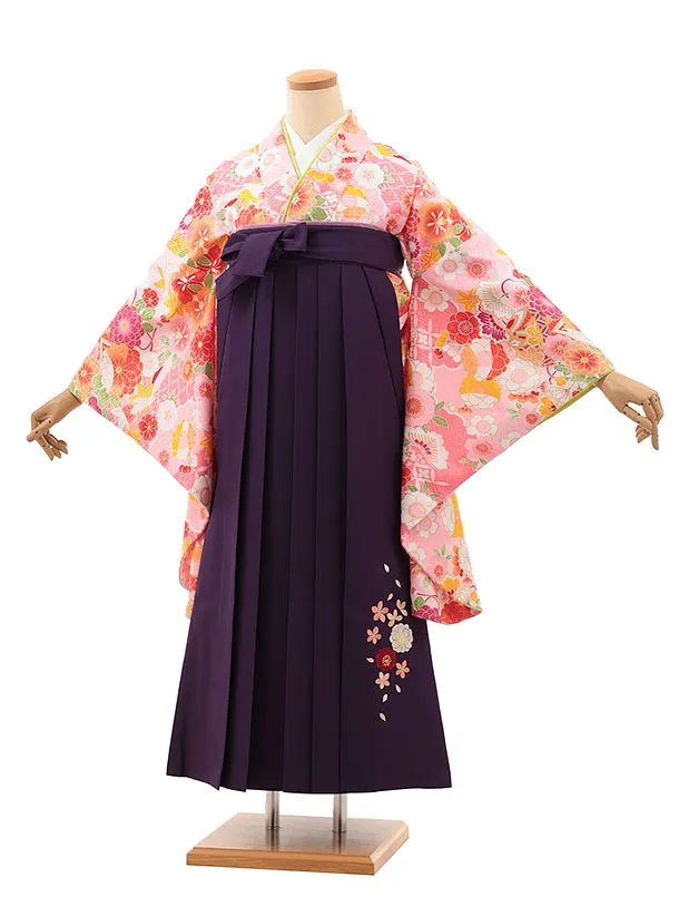 小学生卒業式かんたん袴(女の子) Z613 ピンク花づくし×紫桜