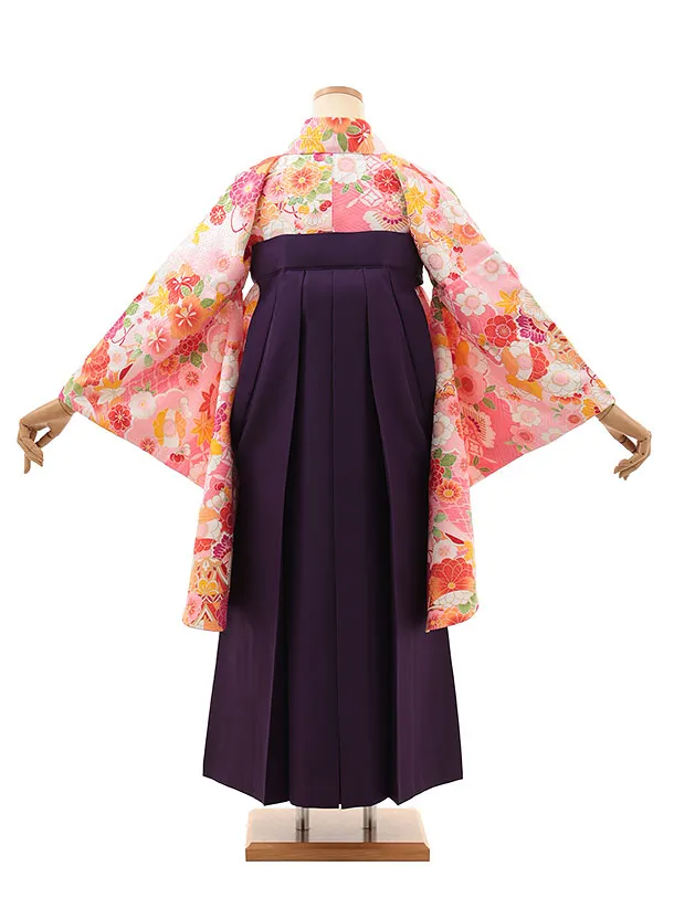 小学生卒業式かんたん袴(女の子) Z613 ピンク花づくし×紫桜