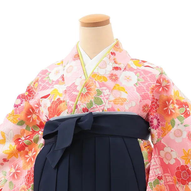 小学生卒業式略式袴(女の子) Z614 ピンク花づくし×紺桜
