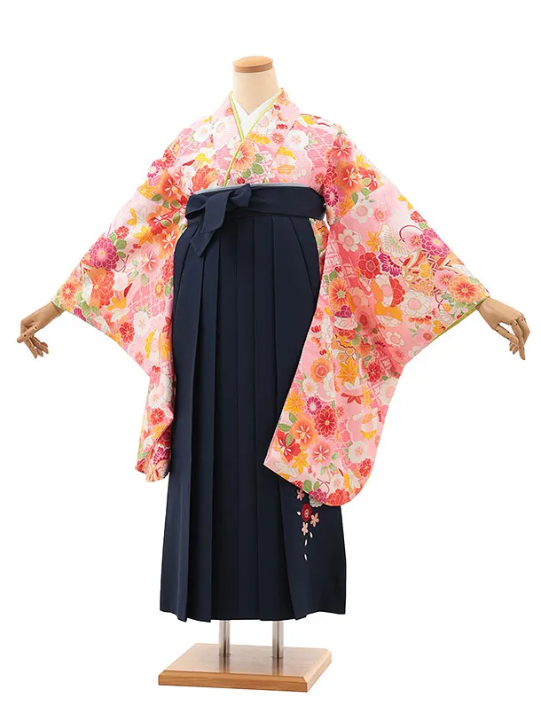 小学生卒業式略式袴(女の子) Z615 ピンク花づくし×紺桜