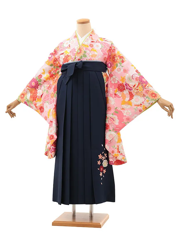 小学生卒業式略式袴(女の子) Z615 ピンク花づくし×紺桜