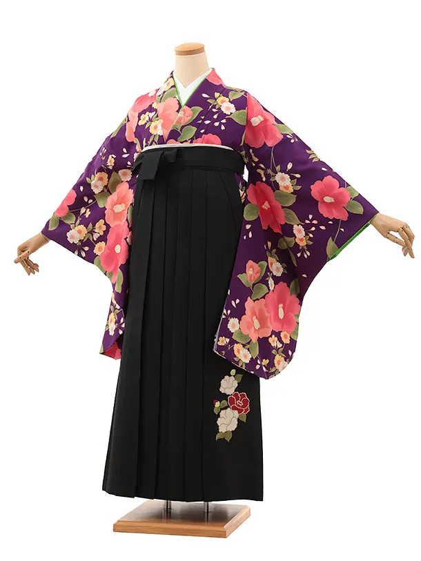 小学生卒業式略式袴(女の子) Z616 パープル椿×黒椿