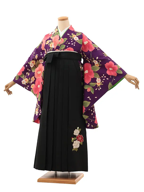 小学生卒業式略式袴(女の子) Z616 パープル椿×黒椿