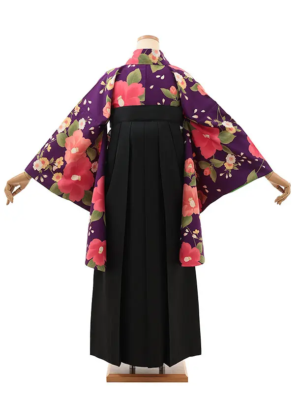 小学生卒業式略式袴(女の子) Z616 パープル椿×黒椿