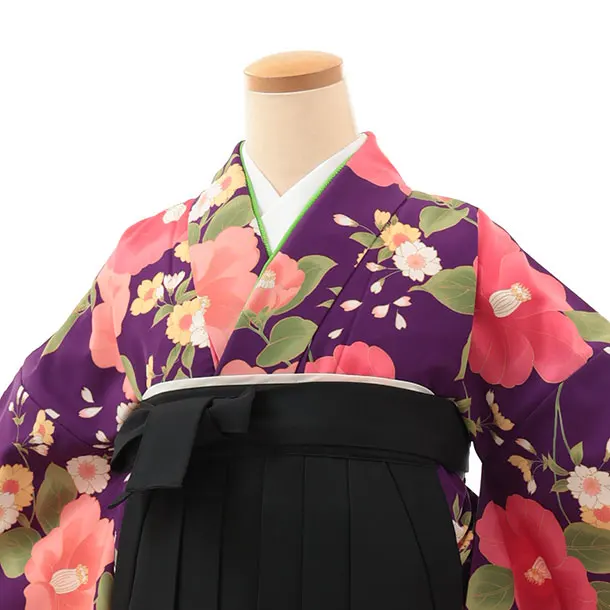 小学生卒業式略式袴(女の子) Z616 パープル椿×黒椿