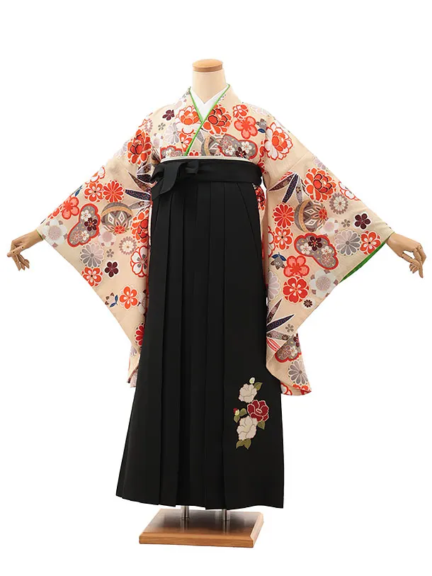 小学生卒業式かんたん袴(女の子) Z617 ベージュ鞠花×黒椿