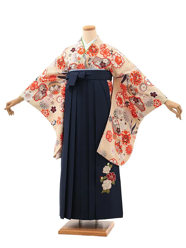 小学生卒業式略式袴(女の子) Z618 ベージュ鞠花×紺椿