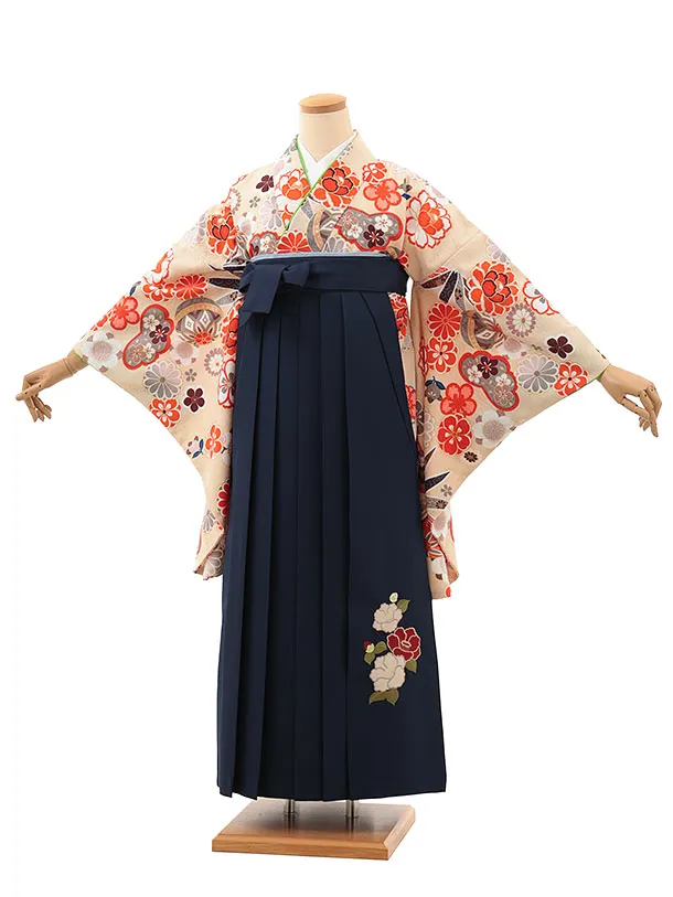小学生卒業式略式袴(女の子) Z618 ベージュ鞠花×紺椿