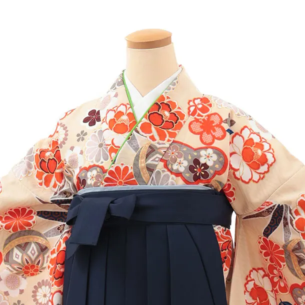 小学生卒業式略式袴(女の子) Z618 ベージュ鞠花×紺椿