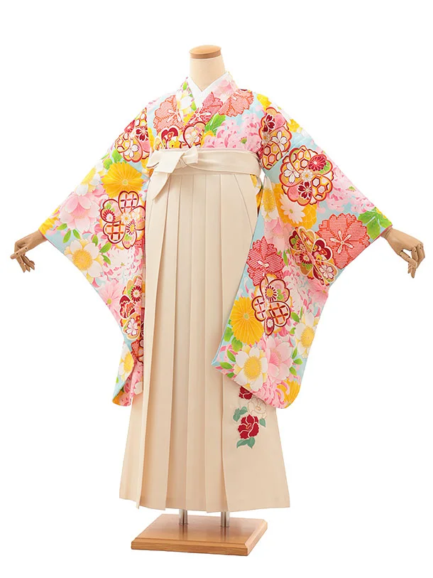 小学生卒業式略式袴(女の子) Z619 水色花づくし×クリーム椿