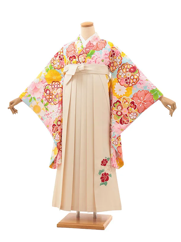 小学生卒業式かんたん袴(女の子) Z619 水色花づくし×クリーム椿