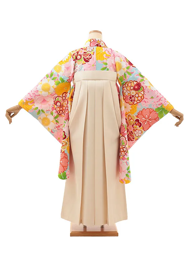 小学生卒業式かんたん袴(女の子) Z619 水色花づくし×クリーム椿