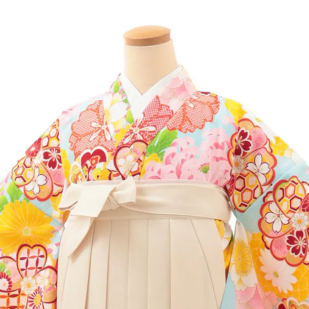 小学生卒業式かんたん袴(女の子) Z619 水色花づくし×クリーム椿