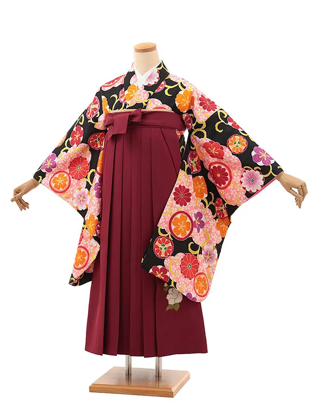 小学生卒業式略式袴(女の子) Z620 黒桜雲取り 花丸紋×エンジ椿
