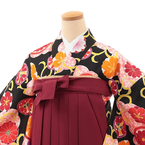 小学生卒業式略式袴(女の子) Z620 黒桜雲取り 花丸紋×エンジ椿