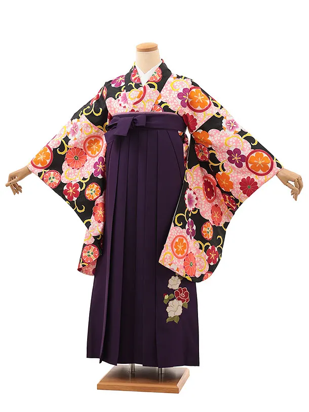 小学生卒業式略式袴(女の子) Z621 黒桜雲取り 花丸紋×紫椿