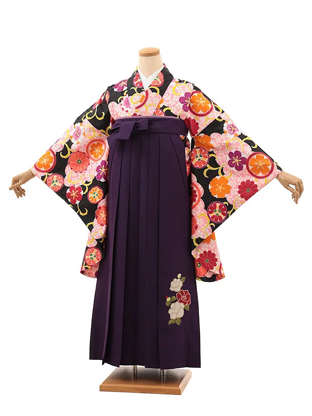 小学生卒業式略式袴(女の子) Z621 黒桜雲取り 花丸紋×紫椿