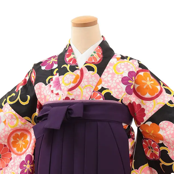 小学生卒業式略式袴(女の子) Z621 黒桜雲取り 花丸紋×紫椿