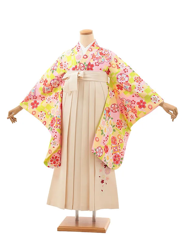 小学生卒業式略式袴(女の子) Z623 ビビットグリーン梅桜×クリーム桜