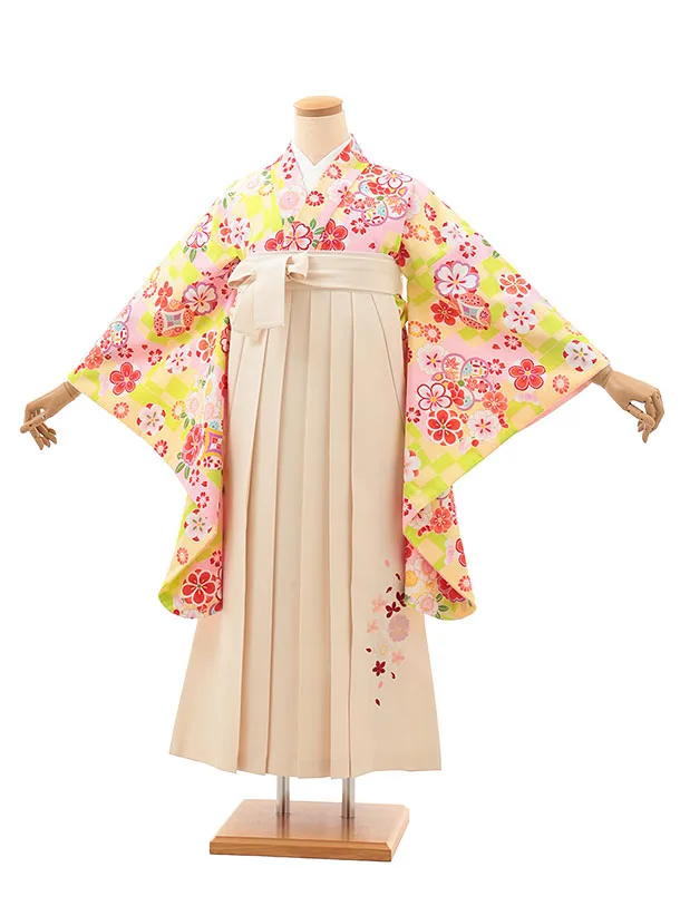 小学生卒業式略式袴(女の子) Z623 ビビットグリーン梅桜×クリーム桜