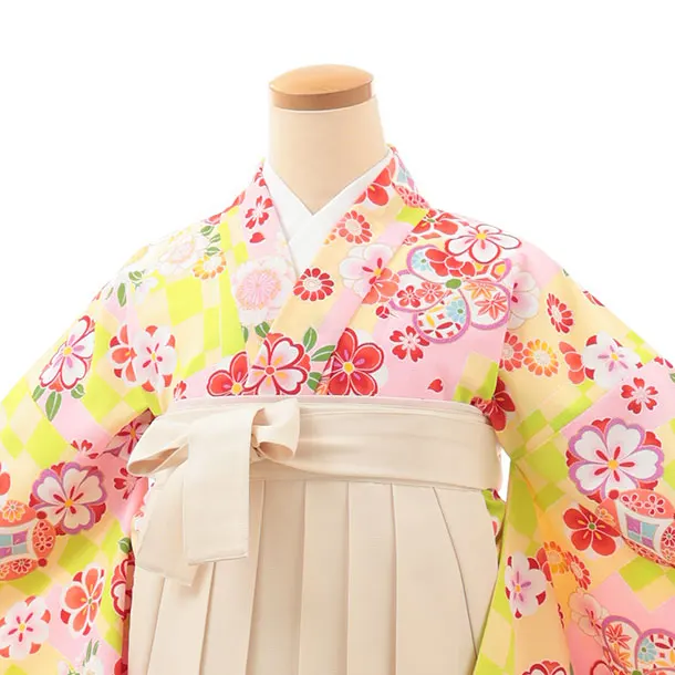 小学生卒業式略式袴(女の子) Z623 ビビットグリーン梅桜×クリーム桜