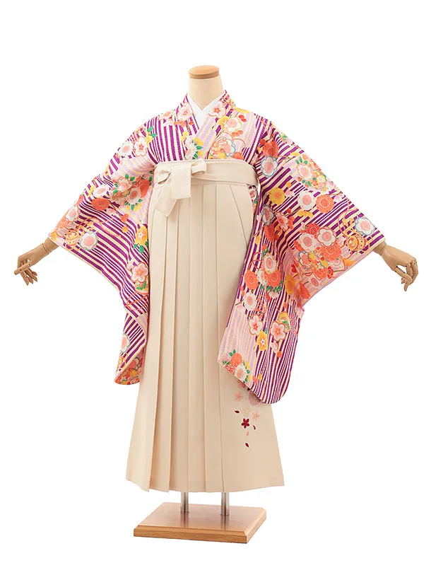 小学生卒業式略式袴(女の子) Z624 パープルストライプ鈴に梅×クリーム桜