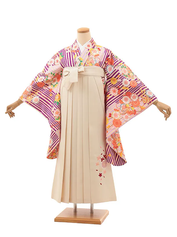 小学生卒業式略式袴(女の子) Z624 パープルストライプ鈴に梅×クリーム桜