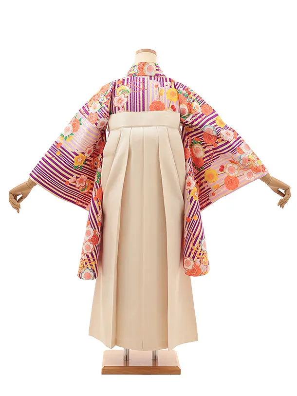 小学生卒業式略式袴(女の子) Z624 パープルストライプ鈴に梅×クリーム桜