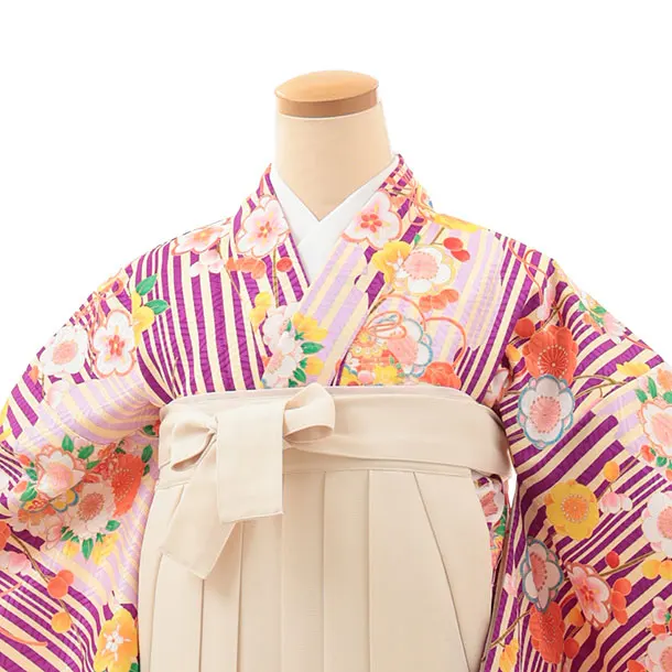 小学生卒業式略式袴(女の子) Z624 パープルストライプ鈴に梅×クリーム桜