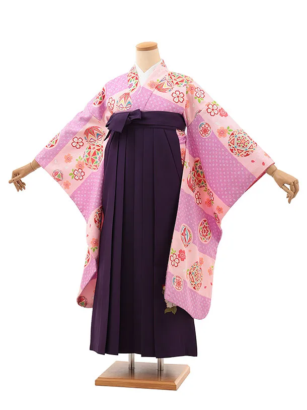 小学生卒業式略式袴(女の子) Z625 ピンクパープル鞠×紫椿