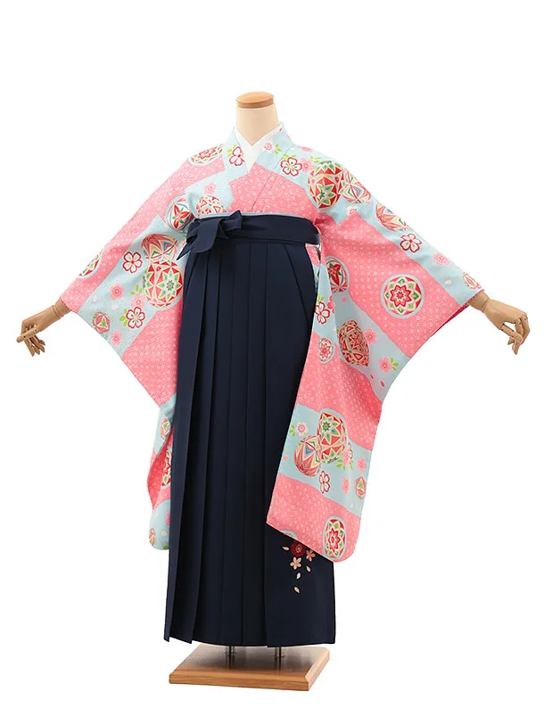 小学生卒業式略式袴(女の子) Z626 水色ピンク鞠×紺桜