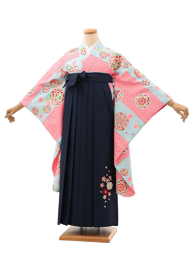 小学生卒業式かんたん袴(女の子) Z626 水色ピンク鞠×紺桜