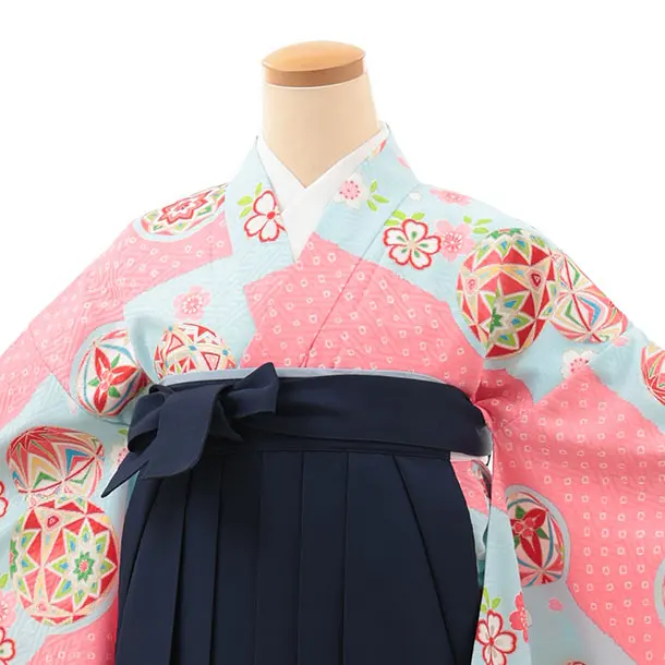 小学生卒業式かんたん袴(女の子) Z626 水色ピンク鞠×紺桜