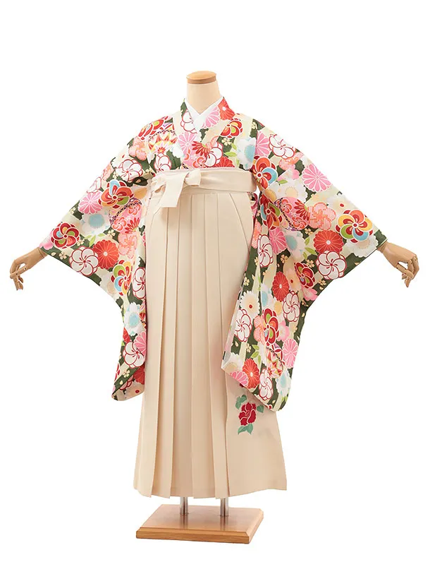 小学生卒業式略式袴(女の子) Z628 グリーンストライプ鞠花×クリーム椿