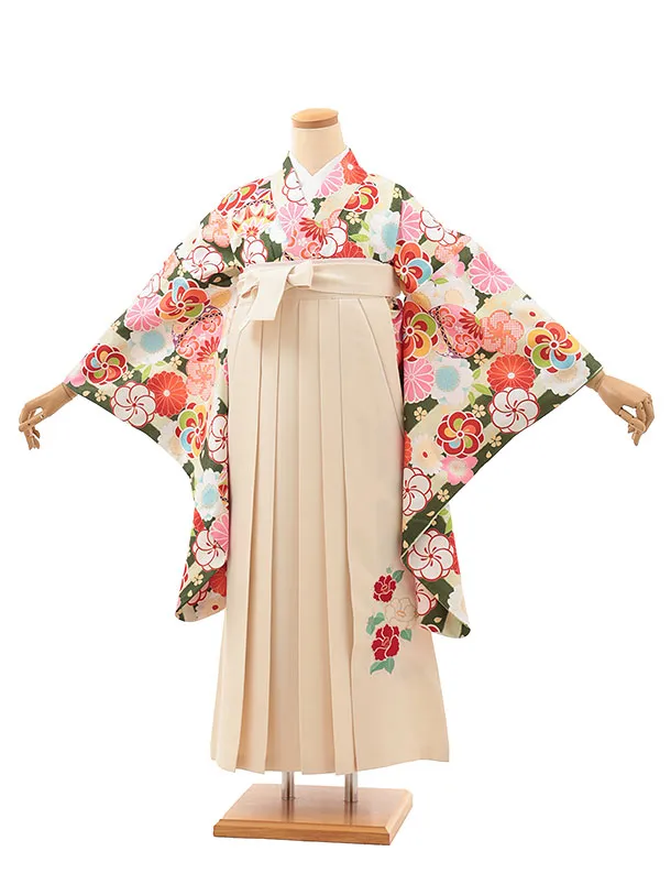 小学生卒業式略式袴(女の子) Z628 グリーンストライプ鞠花×クリーム椿