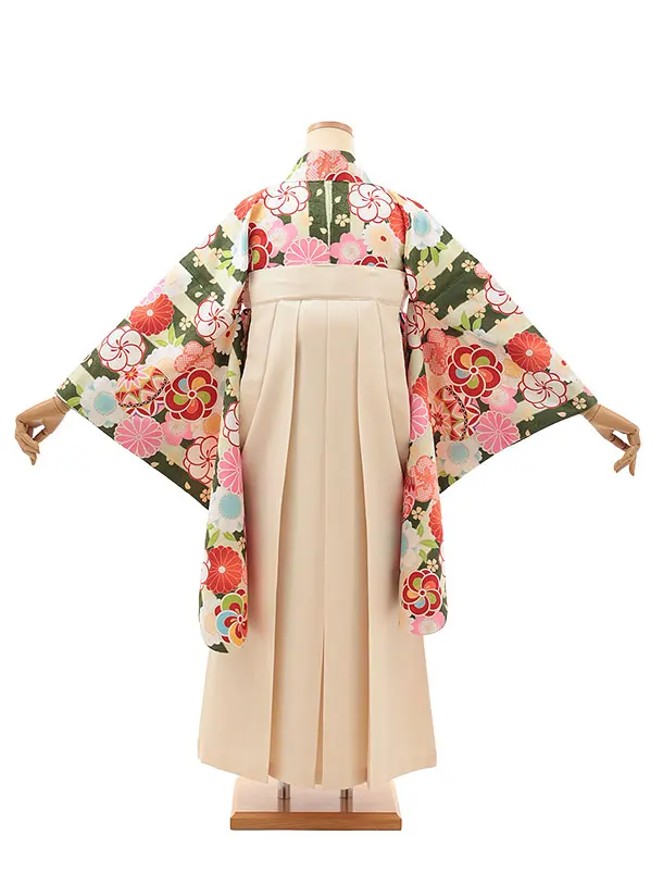 小学生卒業式略式袴(女の子) Z628 グリーンストライプ鞠花×クリーム椿