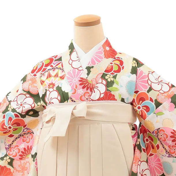 小学生卒業式略式袴(女の子) Z628 グリーンストライプ鞠花×クリーム椿