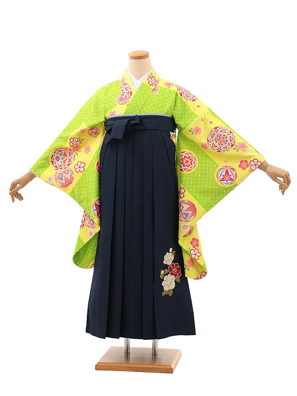 小学生卒業式かんたん袴(女の子) Z629 ビビットグリーン鞠×紺椿
